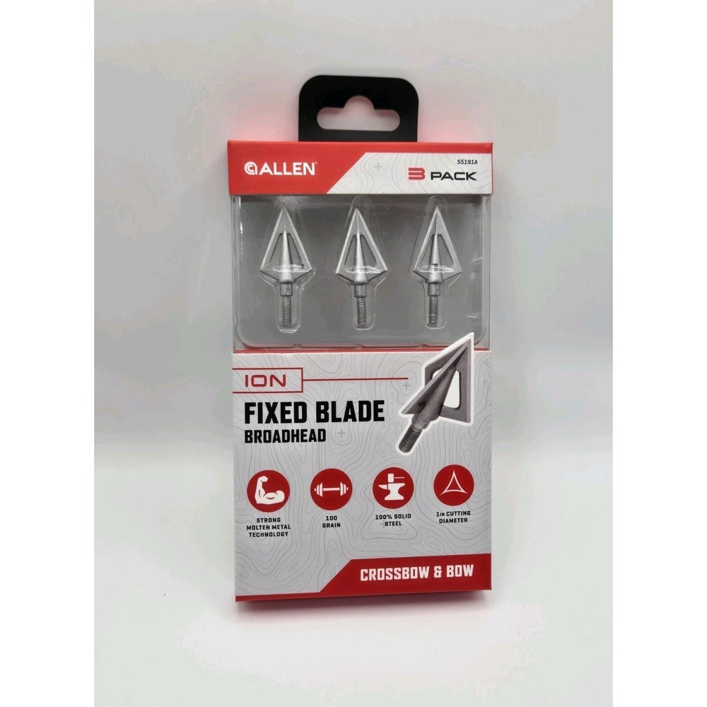 Allen Ion Fixed Blade Broadhead 3 Pack 100 Grain Crossbow Bow Solid Steel - NEW